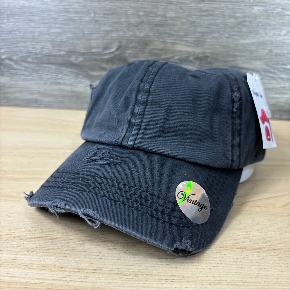 Ponytail Caps Hat Cap Strap Back Womens Black Vintage Pony Tail Distressed NWT